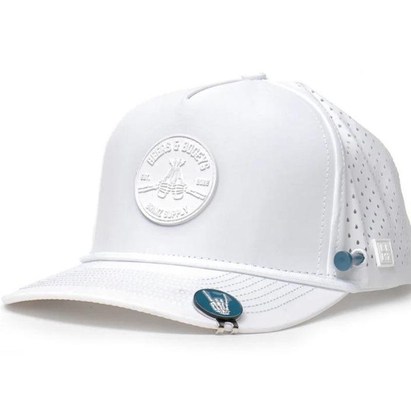 Beers & Bogeys Performance Golf Cap – Ultra-Breathable, Waterproof, and Sweat-Resistant Golf Hat for Maximum Comfort and Style, Includes Magnetic Tee Holder and 70Mm & 83Mm Ball Markers – Classic White Edition for Golfers.