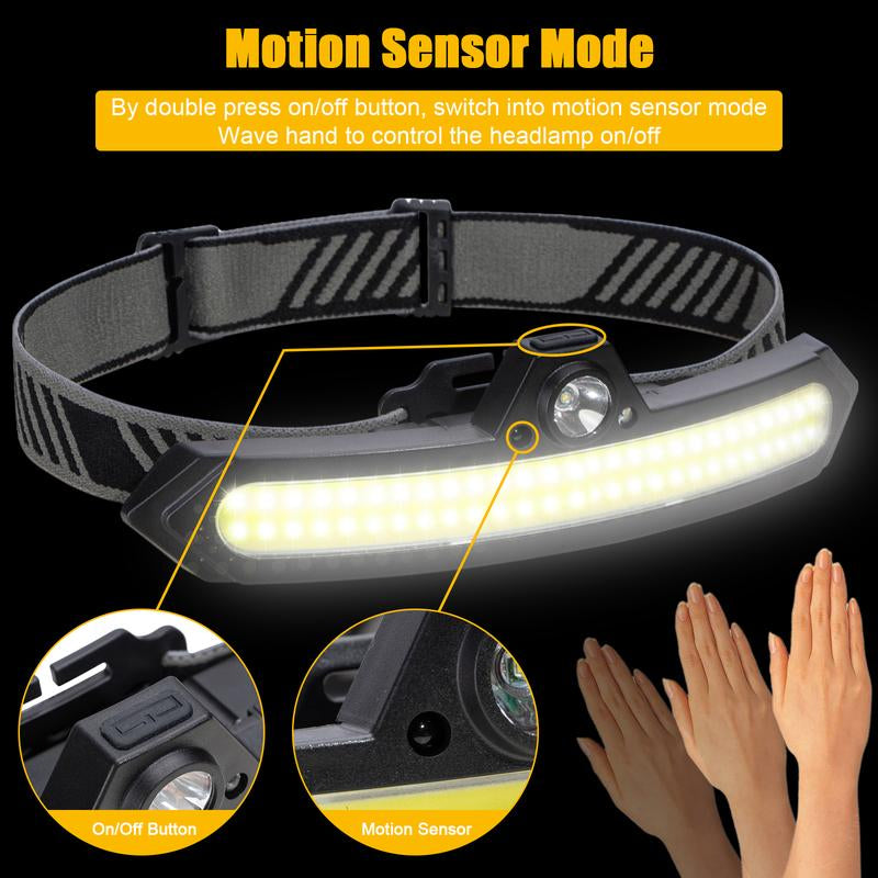 2Pcs LED Rechargeable Headlamp Super Bright, IPX4 Water Resistant Lightweight Head Light with Motion Sensor for Adult, 6 Modes COB Head Flashlight with White+Red Lights for Camping/Fishing