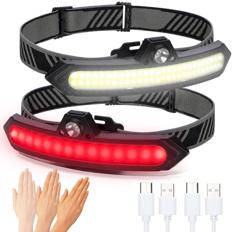 2Pcs LED Rechargeable Headlamp Super Bright, IPX4 Water Resistant Lightweight Head Light with Motion Sensor for Adult, 6 Modes COB Head Flashlight with White+Red Lights for Camping/Fishing