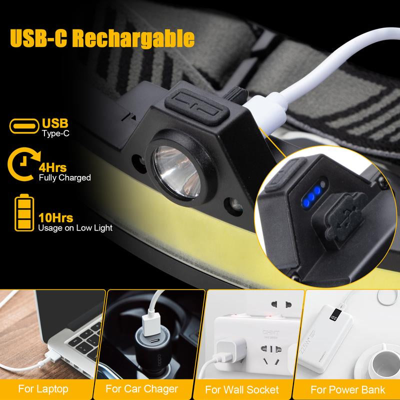 2Pcs LED Rechargeable Headlamp Super Bright, IPX4 Water Resistant Lightweight Head Light with Motion Sensor for Adult, 6 Modes COB Head Flashlight with White+Red Lights for Camping/Fishing