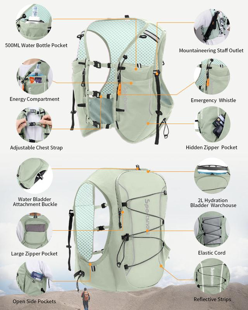 Sportsnew Running Vest for Women Men, Lightweight 10L Hydration Backpack with Waterproof Phone Pocket, 2L Water Bladder or 500Ml Soft Flasks, Breathable Pack for Hiking Trail Running Cycling Marathon