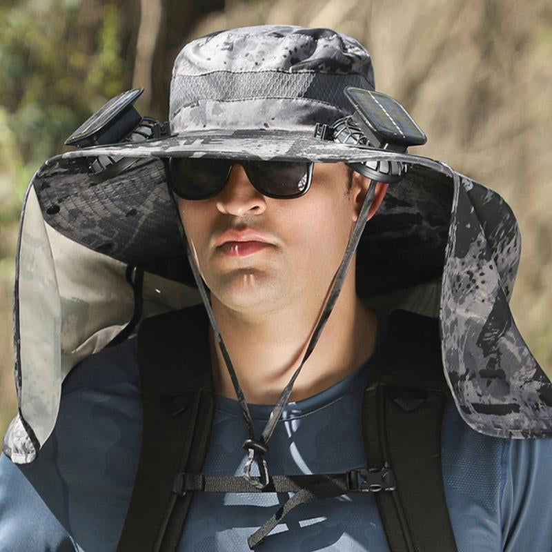 EXPLORINOX Wide Brim Solar Fan Hat, Outdoor Sun Protection Cap,Supports Solar & USB Charging, for Fishing, Travel & Outdoor Sports