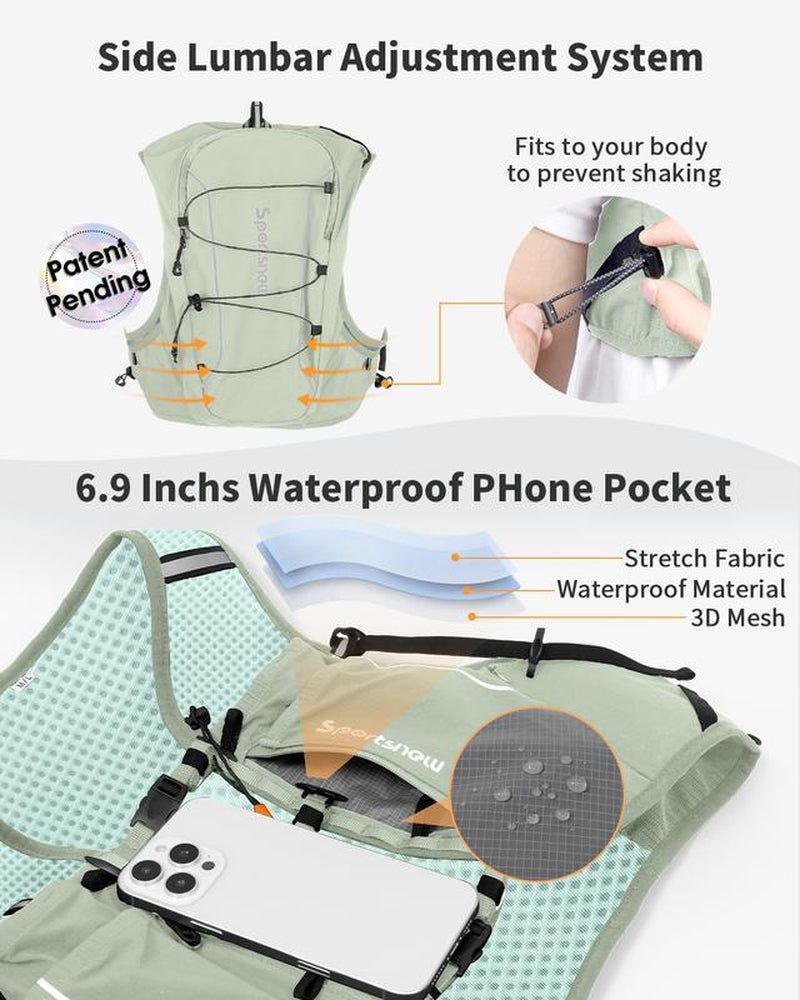Sportsnew Running Vest for Women Men, Lightweight 10L Hydration Backpack with Waterproof Phone Pocket, 2L Water Bladder or 500Ml Soft Flasks, Breathable Pack for Hiking Trail Running Cycling Marathon