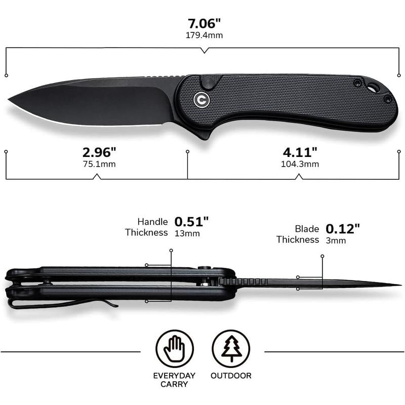 Elementum II Pocket Folding Knife, 2.96" Nitro-V Steel Blade G10 Handle Utility Knife with Deep Carry Pocket Clip for Camping Hiking Hunting C18062P-1