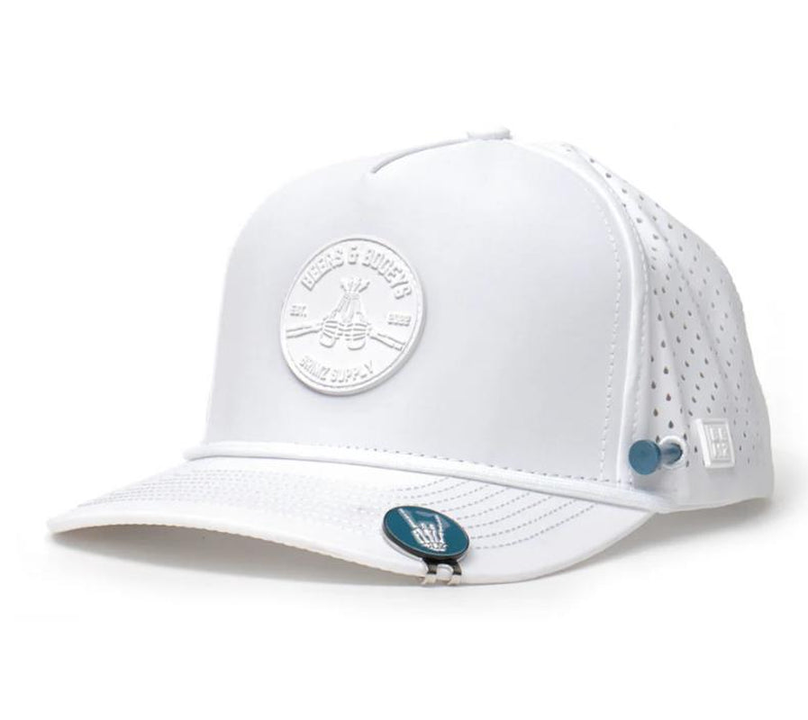 Beers & Bogeys Performance Golf Cap – Ultra-Breathable, Waterproof, and Sweat-Resistant Golf Hat for Maximum Comfort and Style, Includes Magnetic Tee Holder and 70Mm & 83Mm Ball Markers – Classic White Edition for Golfers.