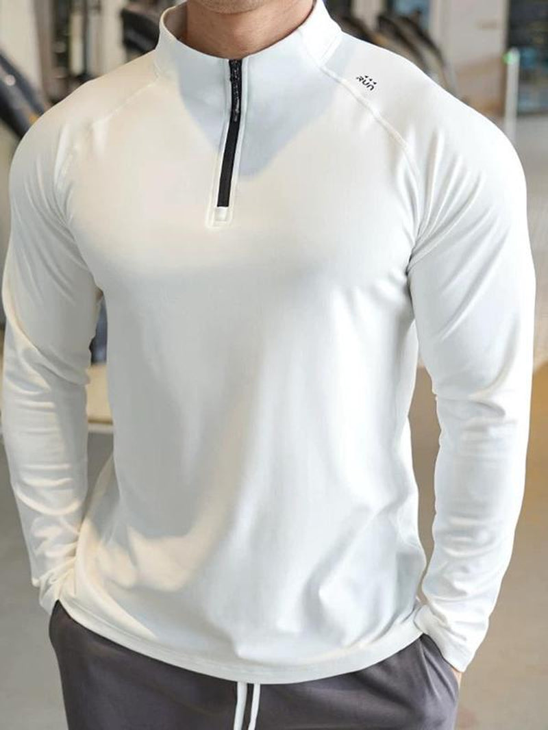 Men'S Solid Half Zip Thumb Hole Design Sports Tee, Regular Fit Breathable Long Sleeve T-Shirt for Gym Workout Running, Casual Comfy Men'S Top for Summer