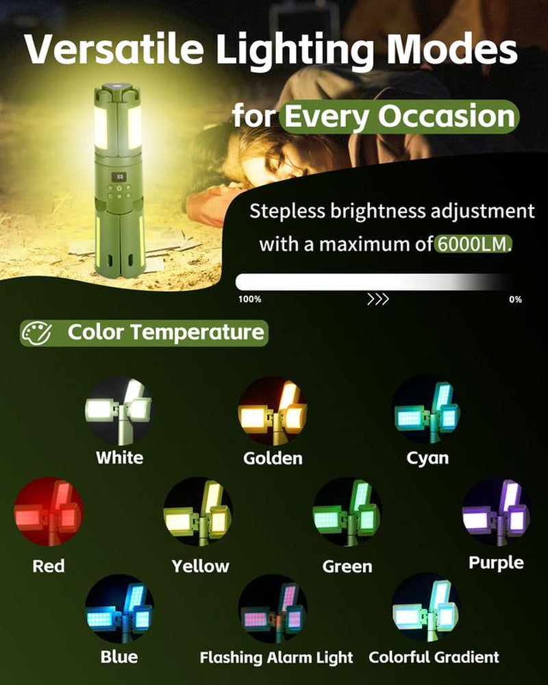 Gsueot Rechargeable Camping Light, 14000Mah Telescopic LED Lantern, 6000LM, Waterproof, Foldable, Dimmable, for Camping, Emergency, Hiking Gear，Travel Accessory Car Repair & More