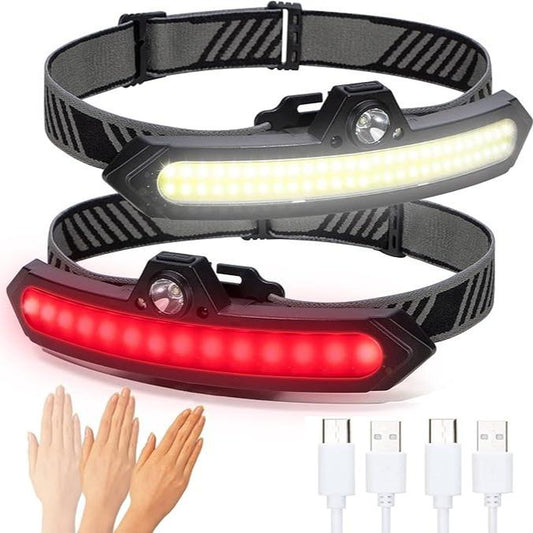 2Pcs LED Rechargeable Headlamp Super Bright, IPX4 Water Resistant Lightweight Head Light with Motion Sensor for Adult, 6 Modes COB Head Flashlight with White+Red Lights for Camping/Fishing