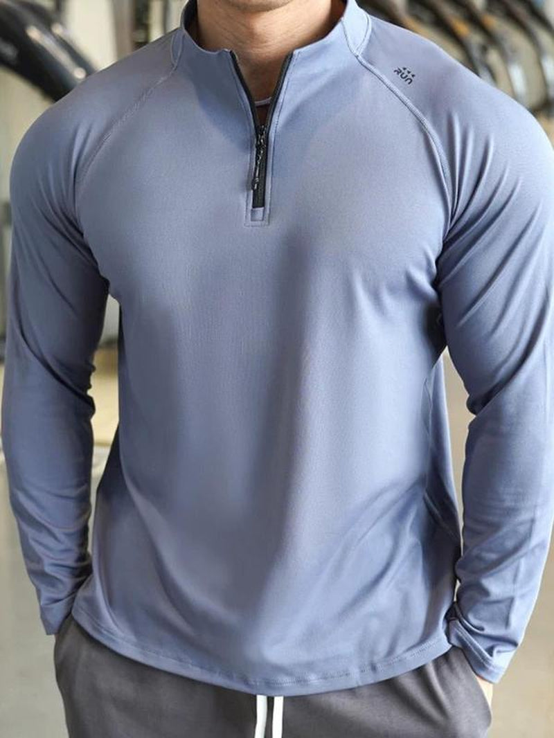 Men'S Solid Half Zip Thumb Hole Design Sports Tee, Regular Fit Breathable Long Sleeve T-Shirt for Gym Workout Running, Casual Comfy Men'S Top for Summer