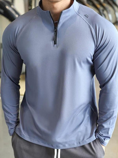 Men'S Solid Half Zip Thumb Hole Design Sports Tee, Regular Fit Breathable Long Sleeve T-Shirt for Gym Workout Running, Casual Comfy Men'S Top for Summer