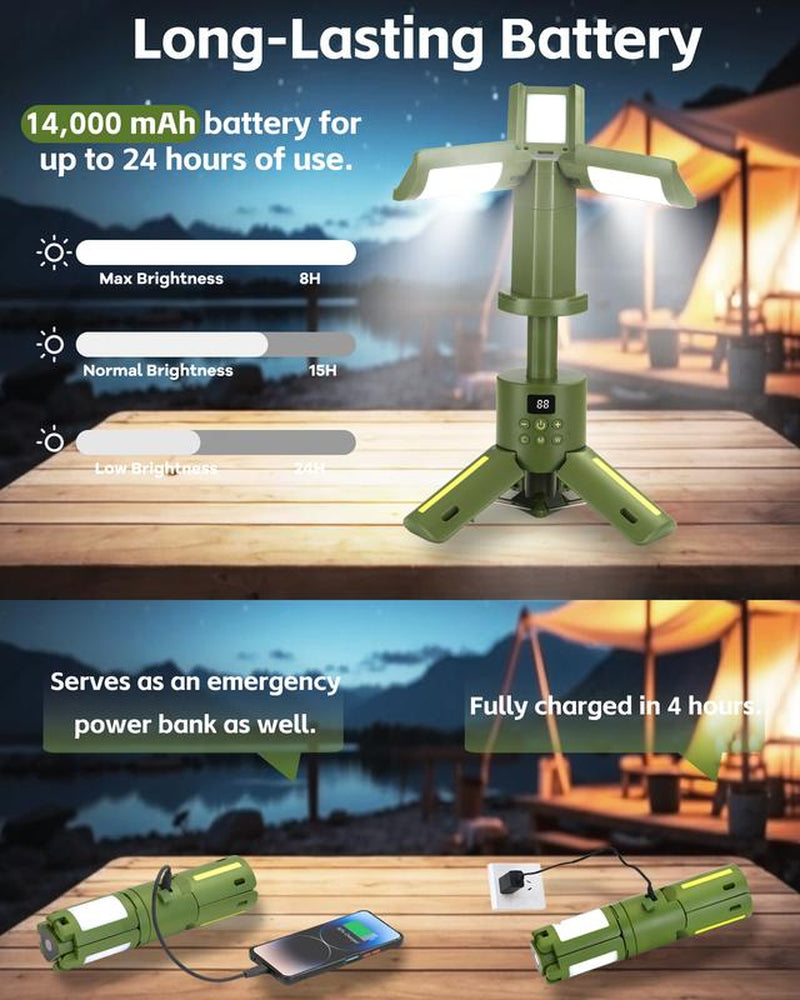 Gsueot Rechargeable Camping Light, 14000Mah Telescopic LED Lantern, 6000LM, Waterproof, Foldable, Dimmable, for Camping, Emergency, Hiking Gear，Travel Accessory Car Repair & More